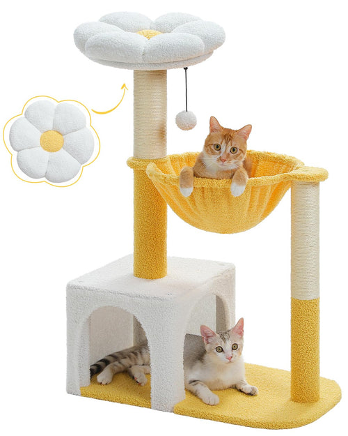 Cute Cat Tree with Flower Top Bed - Cloud Scratching Posts 35" Small Cat Tower with Large Metal Frame Hammock for Indoor Cats White Cat Condo for Kittens Yellow