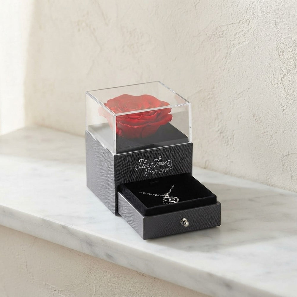 WILDLOVE Preserved Real Rose with I Love You Necklace